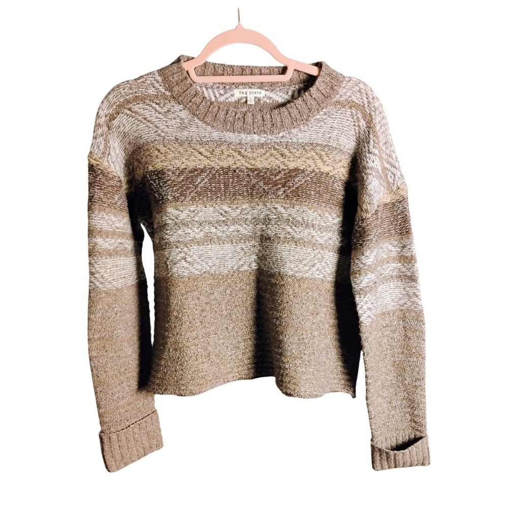 Rag Poets Womens S Cropped‎ Sweater Chunky Knit Striped Brown Tan Boho Cozy Fall
